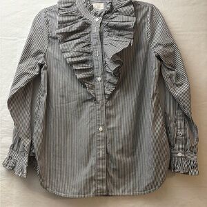 J. Crew Black & White Striped Ruffle Front Button-Down Blouse